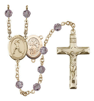 14 Karat Gold 6mm Austrian Crystal Saint Sebastian / Softball Rosary in Light Amethyst