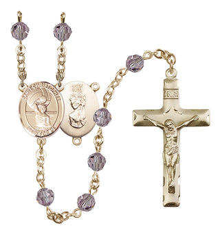 14 Karat Gold 6mm Austrian Crystal Saint Christopher/Water Polo Men Rosary in Light Amethyst