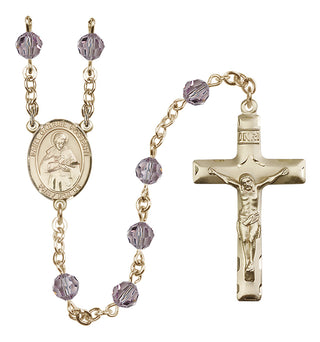14 Karat Gold 6mm Austrian Crystal Saint Gabriel Possenti Rosary in Light Amethyst
