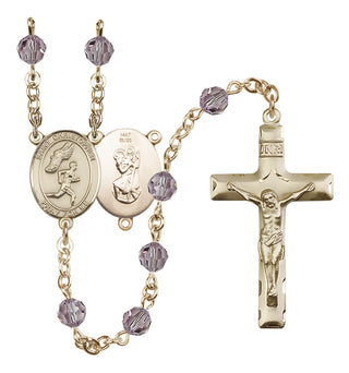 14 Karat Gold 6mm Austrian Crystal Saint Christopher/Track&Field-Men Rosary in Light Amethyst