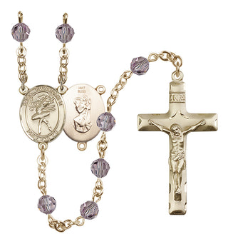 14 Karat Gold 6mm Austrian Crystal Saint Christopher/Dance Rosary in Light Amethyst