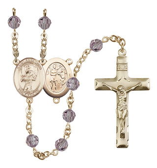 14 Karat Gold 6mm Austrian Crystal Saint Sebastian / Baseball Rosary in Light Amethyst