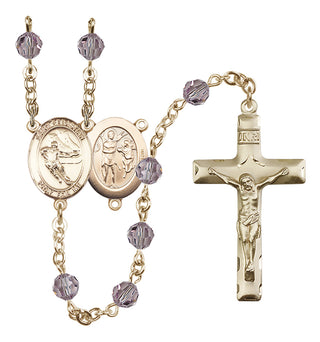 14 Karat Gold 6mm Austrian Crystal Saint Sebastian / Hockey Rosary in Light Amethyst