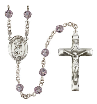 Sterling Silver 6mm Austrian Crystal Saint Christopher Rosary in Light Amethyst