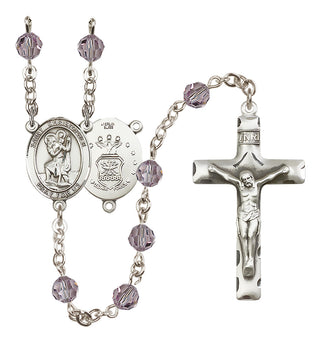 Sterling Silver 6mm Austrian Crystal Saint Christopher / Air Force Rosary in Light Amethyst