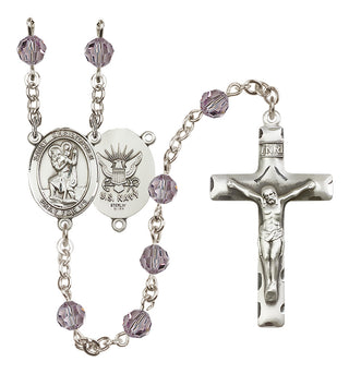 Sterling Silver 6mm Austrian Crystal Saint Christopher / Navy Rosary in Light Amethyst