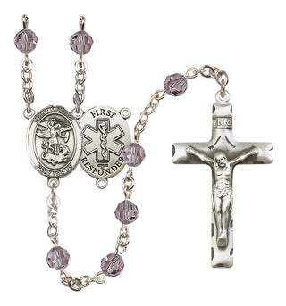 Sterling Silver 6mm Austrian Crystal Saint Michael/1St Responder Rosary in Light Amethyst