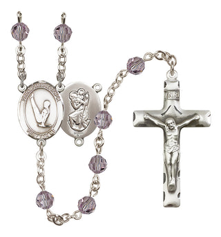 Sterling Silver 6mm Austrian Crystal Saint Christopher/Gymnastics Rosary in Light Amethyst