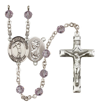 Sterling Silver 6mm Austrian Crystal Saint Christopher/Golf Rosary in Light Amethyst