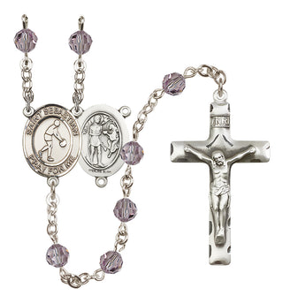 Sterling Silver 6mm Austrian Crystal Saint Sebastian/Basketball Rosary in Light Amethyst