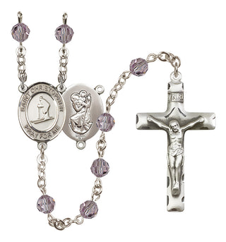 Sterling Silver 6mm Austrian Crystal Saint Christopher / Skiing Rosary in Light Amethyst