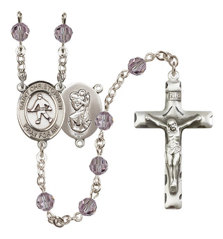 Sterling Silver 6mm Austrian Crystal Saint Christopher / Field Hockey Rosary in Light Amethyst