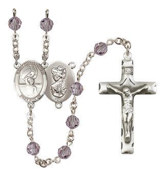 Sterling Silver 6mm Austrian Crystal Saint Christopher/Water Polo Men Rosary in Light Amethyst