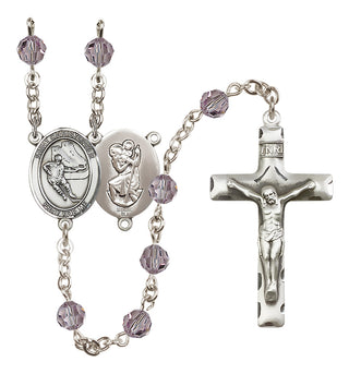Sterling Silver 6mm Austrian Crystal Saint Christopher/Hockey Rosary in Light Amethyst
