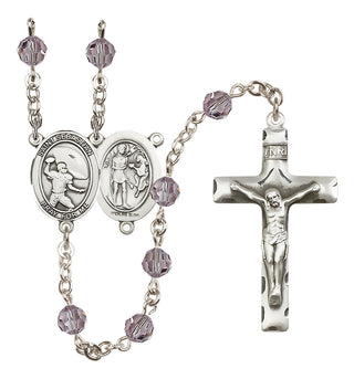 Sterling Silver 6mm Austrian Crystal Saint Sebastian / Football Rosary in Light Amethyst