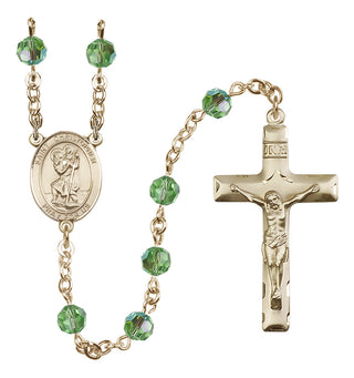 14 Karat Gold-Filled 6mm Austrian Crystal Saint Christopher Rosary in Peridot