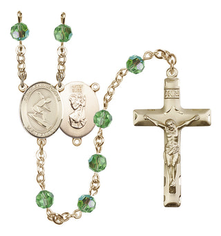 14 Karat Gold-Filled 6mm Austrian Crystal Saint Christopher/Surfing Rosary in Peridot