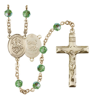 14 Karat Gold 6mm Austrian Crystal Saint George / Coast Guard Rosary in Peridot