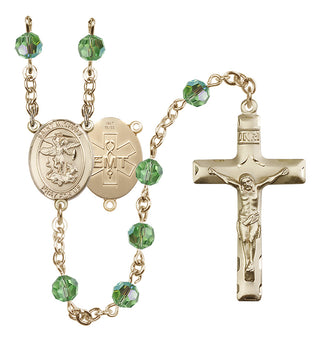 14 Karat Gold 6mm Austrian Crystal Saint Michael / EMT Rosary in Peridot