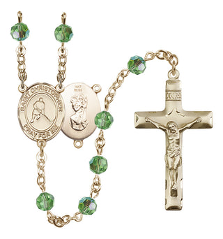 14 Karat Gold 6mm Austrian Crystal Saint Christopher/Ice Hockey Rosary in Peridot