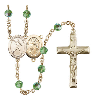 14 Karat Gold 6mm Austrian Crystal Saint Sebastian/Football Rosary in Peridot