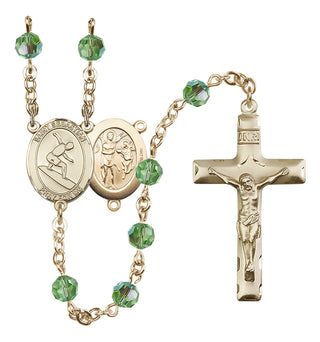 14 Karat Gold 6mm Austrian Crystal Saint Sebastian/Surfing Rosary in Peridot