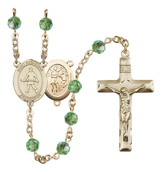 14 Karat Gold 6mm Austrian Crystal Saint Sebastian/Field Hockey Rosary in Peridot