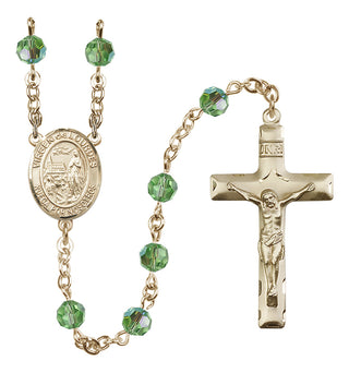 14 Karat Gold 6mm Austrian Crystal Virgen del Lourdes Rosary in Peridot