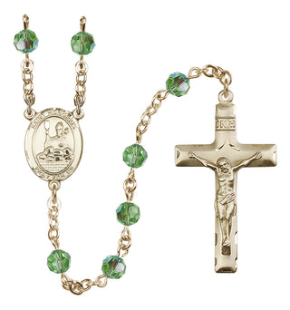 14 Karat Gold 6mm Austrian Crystal Saint Honorius of Amiens Rosary in Peridot