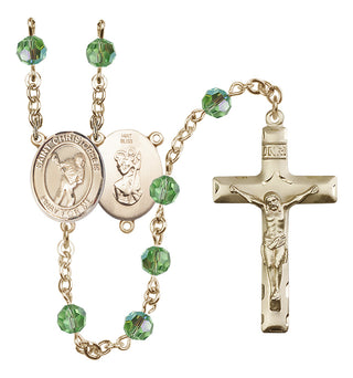 14 Karat Gold 6mm Austrian Crystal Saint Christopher/Lacrosse Rosary in Peridot