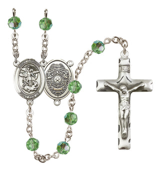 Sterling Silver 6mm Austrian Crystal Saint Michael the Archangel/Policeman Rosary in Peridot