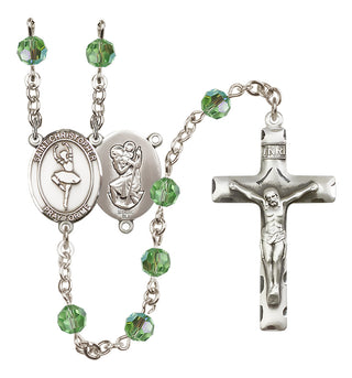 Sterling Silver 6mm Austrian Crystal Saint Christopher/Dance Rosary in Peridot