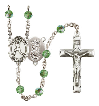 Sterling Silver 6mm Austrian Crystal Saint Christopher/Softball Rosary in Peridot