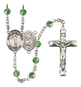 Sterling Silver 6mm Austrian Crystal Saint Christopher/Golf Rosary in Peridot