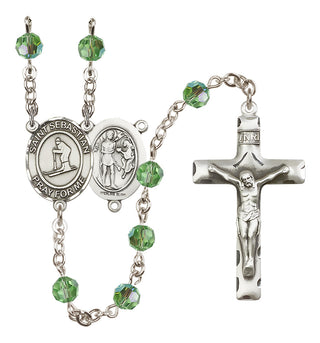 Sterling Silver 6mm Austrian Crystal Saint Sebastian/Skiing Rosary in Peridot
