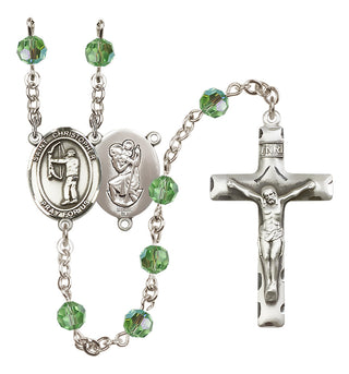 Sterling Silver 6mm Austrian Crystal Saint Christopher/Archery Rosary in Peridot