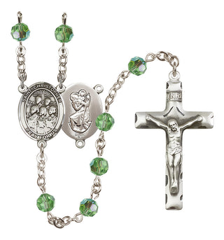 Sterling Silver 6mm Austrian Crystal Saint Christopher / Choir Rosary in Peridot