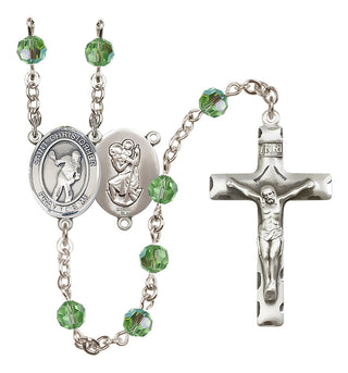 Sterling Silver 6mm Austrian Crystal Saint Christopher/Lacrosse Rosary in Peridot