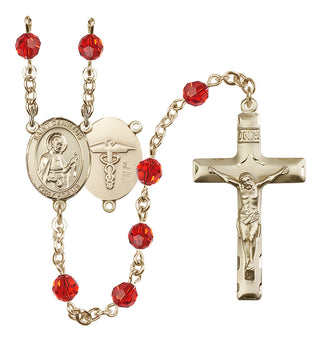 14 Karat Gold-Filled 6mm Austrian Crystal Saint Camillus of Lellis / Nurse Rosary in Ruby