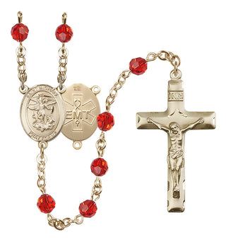 14 Karat Gold-Filled 6mm Austrian Crystal Saint Michael / EMT Rosary in Ruby