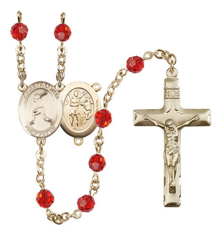14 Karat Gold-Filled 6mm Austrian Crystal Saint Sebastian/Baseball Rosary in Ruby