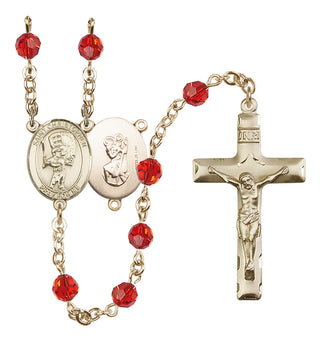 14 Karat Gold-Filled 6mm Austrian Crystal Saint Christopher/Baseball Rosary in Ruby