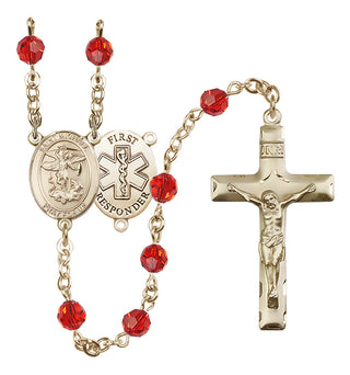 14 Karat Gold 6mm Austrian Crystal Saint Michael/1St Responder Rosary in Ruby