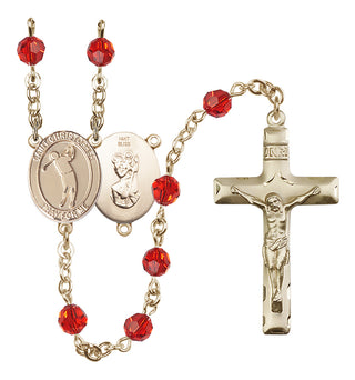 14 Karat Gold 6mm Austrian Crystal Saint Christopher/Golf Rosary in Ruby