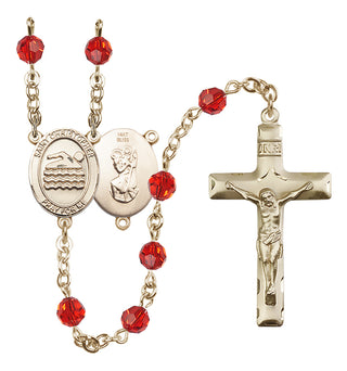 14 Karat Gold 6mm Austrian Crystal Saint Christopher/Swimming Rosary in Ruby