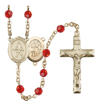 14 Karat Gold 6mm Austrian Crystal Saint Sebastian/Field Hockey Rosary in Ruby