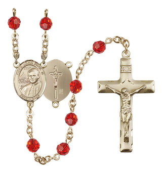 14 Karat Gold 6mm Austrian Crystal Saint John Paul II Rosary in Ruby