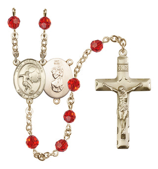 14 Karat Gold 6mm Austrian Crystal Saint Christopher / Football Rosary in Ruby