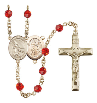 14 Karat Gold 6mm Austrian Crystal Saint Sebastian / Football Rosary in Ruby