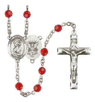 Sterling Silver 6mm Austrian Crystal Saint Christopher / Navy Rosary in Ruby